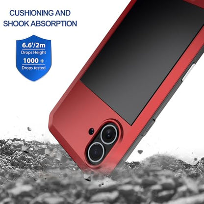 for iPhone 16 Metal Case 6.1",Heavy Duty Shockproof Aluminum Alloy Tough Armour Military Grade Phone Case,360 Full Body Protective Cover with Silicone Built-in Screen Protector - Red - color: Red