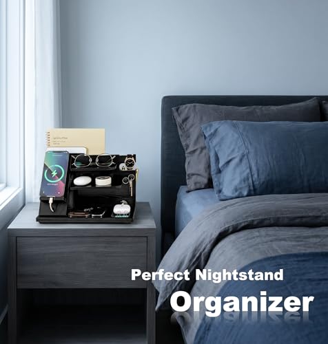 KOCWELL Wood Phone Docking Station, Gifts for Men, Nightstand Organizer Wood for Phone Tablet Earphones Watch Wallet Rings Pens Keys Notebook etc, Birthday Gifts for Men Husband Dad Boyfriend(Black)