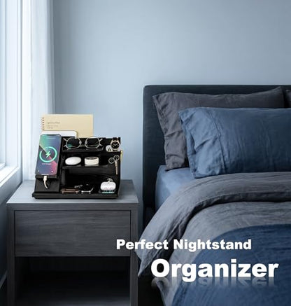 KOCWELL Wood Phone Docking Station, Gifts for Men, Nightstand Organizer Wood for Phone Tablet Earphones Watch Wallet Rings Pens Keys Notebook etc, Birthday Gifts for Men Husband Dad Boyfriend(Black)