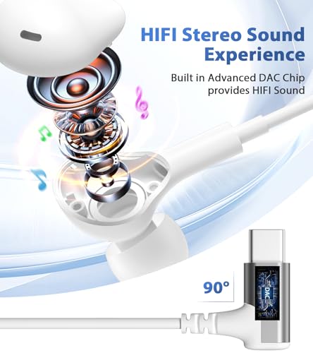 USB C Headphones with Case & Mic Wired Earbuds 90° Angled for Apple Android - color: White