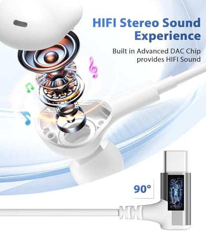 USB C Headphones with Case & Mic Wired Earbuds 90° Angled for Apple Android - color: White