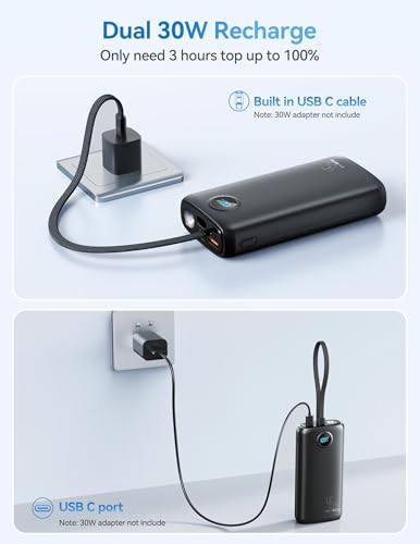 DIAMUAR Portable Charger 20000mAh 45W, Built in USB C Cable, 3W Flashlight - color: Black