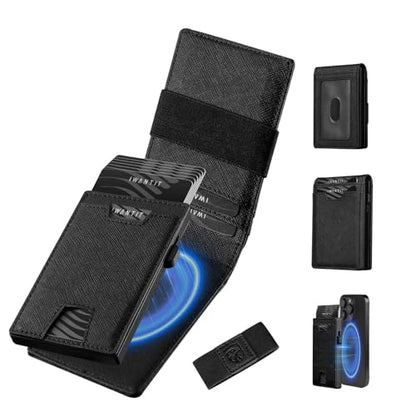 iwantit 3 in 1 Magsafe Wallet Men: Bifold Wallet + Magnetic Wallet for iPhone - Detachable Cash Strap, Smart Pop Up Card Holder, ID Window, Premium Leather (Cross Grain Black) - color: Cross Grain Black