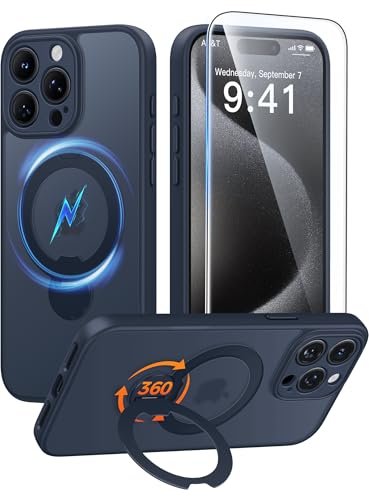 FNTCASE for iPhone 15 Pro Max Case with 360 Spin Magnetic Stand Deep Blue | Compatible with Magsafe,Screen Protector,Full Camera Protection,Translucent Matte Military Grade Shockproof Phone Cover - color: Deep Blue, size: For Iphone 15 Pro Max 6.7 Inch