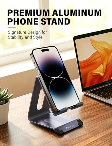 Phone Stand for Desk, Thickened Aluminum Cell Phone Stand & Phone Holder for Desk, Compatible with Tablets, iPhone, iPad, Samsung - Dark Gray - color: dark gray