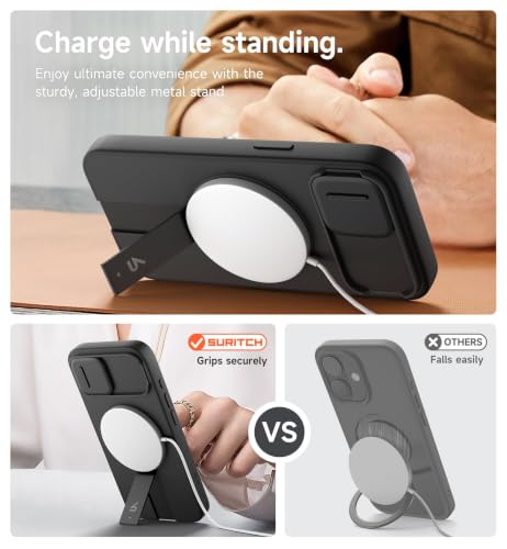 SURITCH for iPhone 17e/16e Case with Magnetic Camera Slide Cover and Adjustable Kickstand, Compatible with MagSafe, Shockproof Bumper Case Slim Protective Cover 6.1 Inch,Black - color: Black, size: IPhone 17e/16e-6.1"