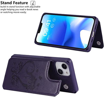 iCoverCase Compatible with iPhone 14 Wallet Phone Case with Card Holder for Women, RFID Blocking Embossed PU Leather Wrist Strap Case 6.1 Inch (Heart Dark Purple) - color: H-Dark Purple