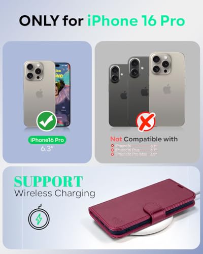 OCASE Compatible with iPhone 16 Pro Wallet Case, PU Leather Flip Folio Case with Card Holders RFID Blocking Kickstand [Shockproof TPU Inner Shell] Phone Cover 6.3 Inch 2024, Burgundy - color: Burgundy