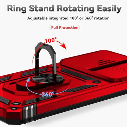 for Samsung Galaxy S24 FE Case with Camera Lens Cover HD Screen Protector, Dual Layer Military-Grade Drop Tested Magnetic Ring Holder Kickstand Protective Phone Case for Galaxy S24 FE (Red) - color: Red with camera cover Military-Grade 2nd gen