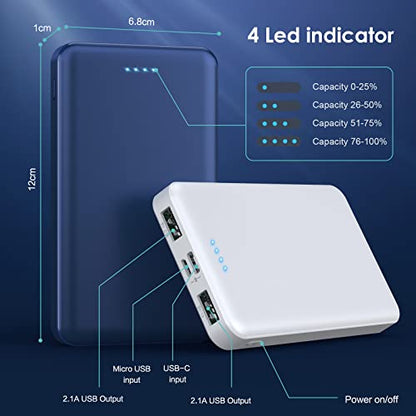 [2 Pack] Portable Charger Power Bank 10000mAh,Ultra Slim Compact External Battery Pack with USB C Input & Output Backup Charger Compatible with iPhone 16/15/14/13, Galaxy S24,Android etc-Blue+White - color: White+Blue