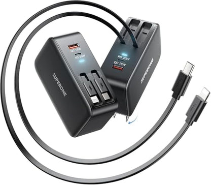 4 in 1 Retractable Wall Charger, Dual 3ft USBC & Apple Fast Charging Cables