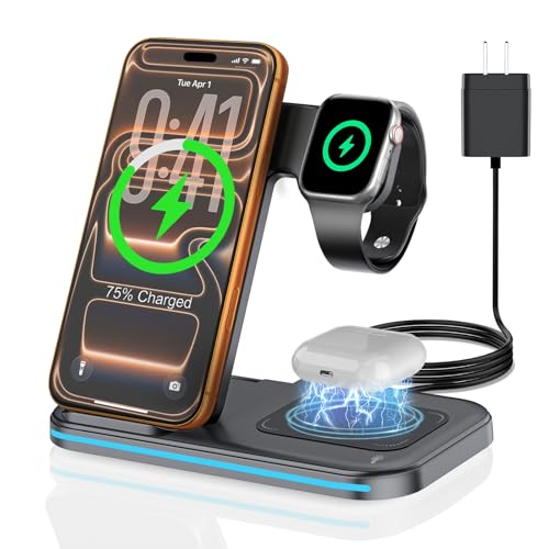 [Qi] 3 in 1 Charging Station for iPhone, 21W Wireless Charging Station, Stand Multiple Devices for Apple, for iPhone 17 16 15 14-8 Pro Max, Watch, AirPods 4 3 Pro, Nightstand, Desk, Trip, Gift