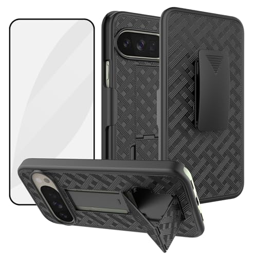 for Google Pixel 10 Pro XL Stand Phone Case, Screen Protector-Black | Belt Clip Kickstand Holder Holster, Slim Slide Shell Pouch Full Body Protective, Rugged Shockproof Drop Defense Outdoor Cover - size: Pixel 10 Pro XL