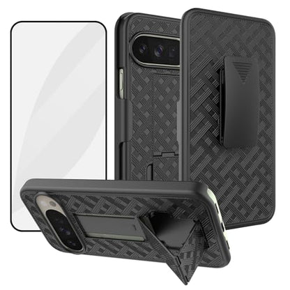 for Google Pixel 10 Pro XL Stand Phone Case, Screen Protector-Black | Belt Clip Kickstand Holder Holster, Slim Slide Shell Pouch Full Body Protective, Rugged Shockproof Drop Defense Outdoor Cover - size: Pixel 10 Pro XL