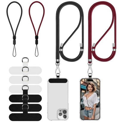 Cell Phone Lanyard, 2 Phone Crossbody Lanyard, 2 Wrist Phone Strap and 6 Connectors Compatible with Most Phones - color: Black Wine-red