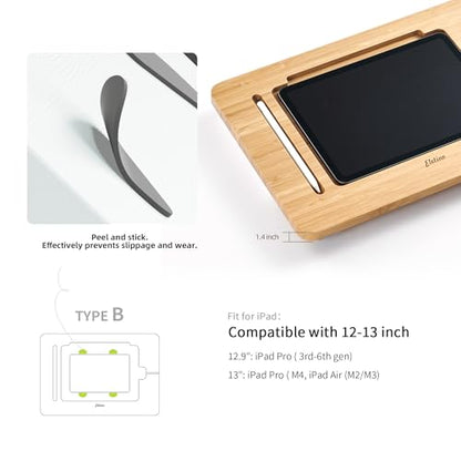 ELETIUO Upgraded Bamboo Wooden Drawing Ipad Holder with Pencil&Charger Cable Slot, Multi-Angle Adjustable Tablet Desktop,Foldable Portable Stand,Compatible with 12.9 inch ipad pro 3rd/4th/ 5th Gen - size: 16.8*12.2*1.4 inch