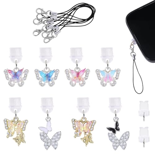 8 Pcs Type C Dust Plug Charm Cute Cell Phone Charms Mobile Dustproof Plugs with Charms for Most Type C USB C Cell Phone(Rhinestone Butterfly) - color: Multicolor