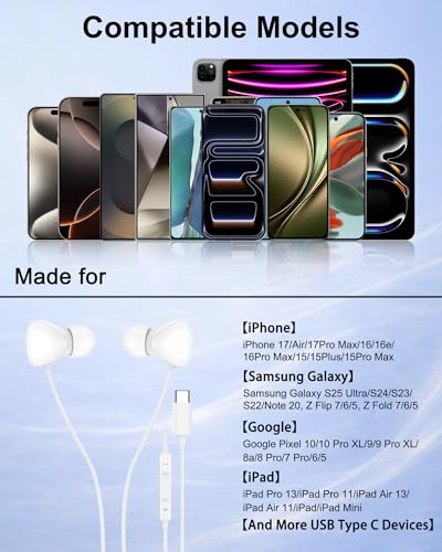 iPhone 17e 16 USB C Headphones Wired, Apple Air Max Earbuds Wired Earphones - color: White
