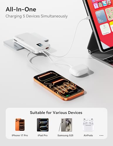Portable Charger 12000mAh 22.5W w/Built-in Cable & Wall Plug White - color: White