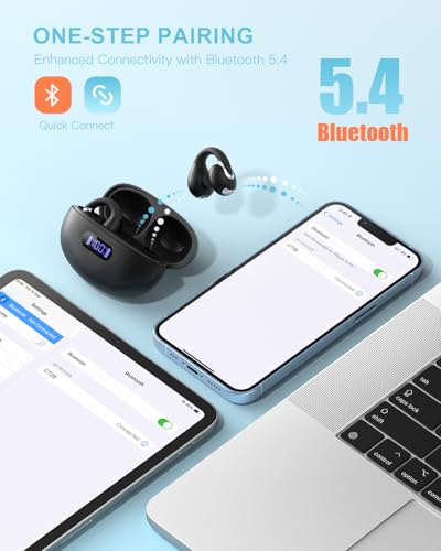 Jzones Open Ear Clip Wireless Earbuds Bluetooth 5.4, Lightweight Comfort Sports Bone Conduction Headphones Built-in Mic for Clear Audio, Stable Fit Earphones 24H Play-Soft Black