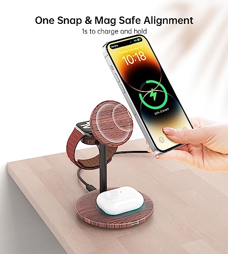 3 in 1 Magnetic Wireless Charging Station for Apple Devices,15W for Magsafe - color: Brown Woodgrain