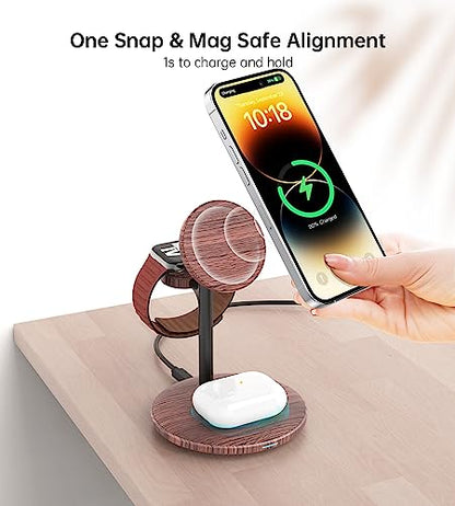 3 in 1 Magnetic Wireless Charging Station for Apple Devices,15W for Magsafe - color: Brown Woodgrain