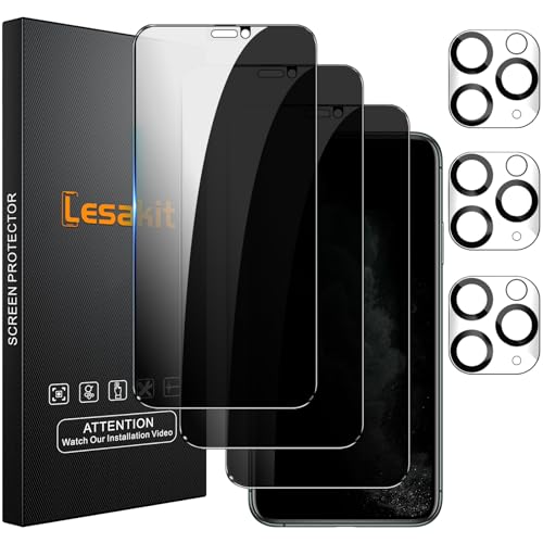 Lesakit 3+3 Pack Privacy Screen Protector for iPhone 11 Pro Max 6.5-Inch with 3 Pack Camera Lens Protector, Anti Spy Tempered Glass Film 9H Hardness Bubble Free Case Friendly - size: iPhone 11 Pro Max