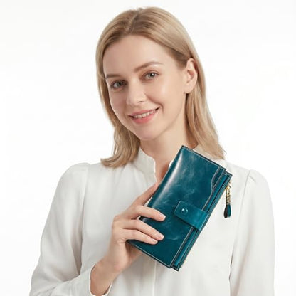 YALUXE Women's Real Leather Wallet RFID Protect 21 Card Slots Phone Pocket - color: 4- Waxed Greenish Blue, size: Genuine Leather