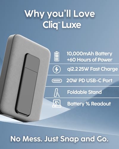 myCharge CliqLuxe Magnetic Wireless Power Bank 10,000mAh | iPhone & MagSafe Compatible | Qi2.2 25W Mag Safe Portable Charger | Built-in Stand | 20W PD USB-C Port | Premium Grey Fabric - size: 10K, style: Without Wall Plug (Grey)