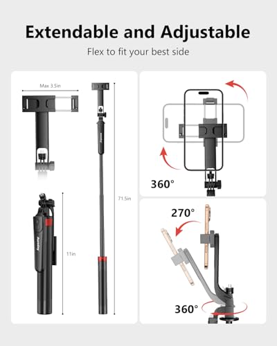 Aureday 72" Phone Tripod and Selfie Stick, Cell Phone Tripod Stand with Wireless Remote & Extendable Phone Mount for Travel/Selfie/Recording/Vlogging, Compatible with iPhone/Android/Camera