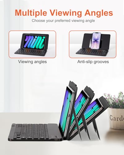 EAMPANG Universal Bluetooth Keyboard and Case for Tablet/Phone/Laptop,Wireless Portable Slim Keypad and Mice Rechargeable Adjustable Bracket for iPad A16/Mini/Air/iPhone/Galaxy Z Fold Pure Black - color: Black