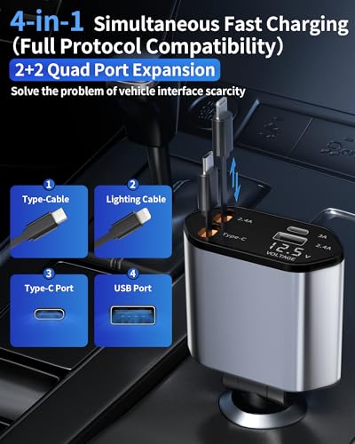 Retractable Car Charger, 4 in 1 Fast Charging Car Charger - color: grey(standard gray)