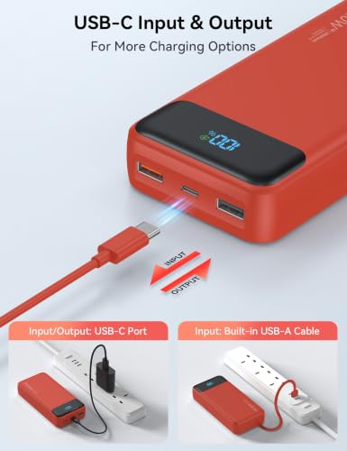 Nusyddy Portable Charger 20000mAh with 4 Built-in Cables & 6 Outputs Red - color: Ruby