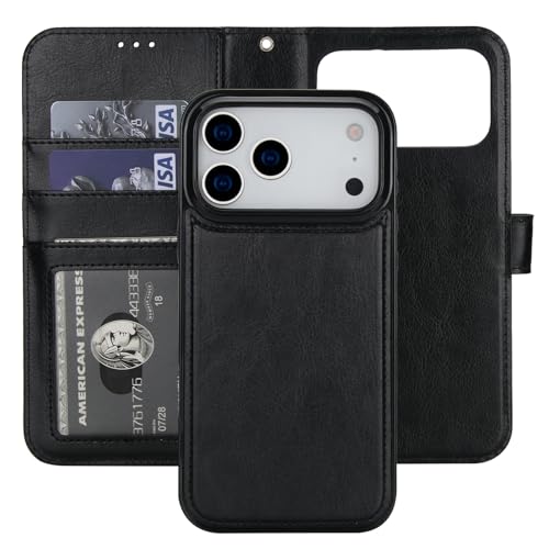 Bocasal Detachable Wallet Case Card Holder for iPhone 17 Pro Max Black | RFID Blocking Kickstand Card Slots Holder PU Leather Magnetic Shockproof Wrist Strap Removable Flip Protective Cover 6.9 inch - color: Black