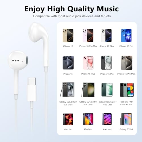 2 Pack [Apple MFi Certified] USB C Headphones Wired for iPhone 17 16 15 - color: CWhite