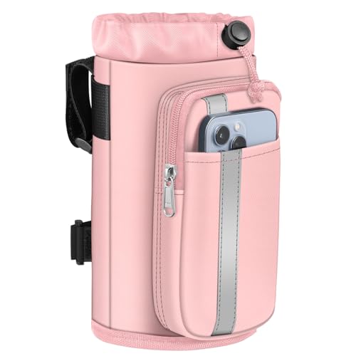 FINPAC Cup Holder for Bike, Universal Water Bottle Holder w/Phone Pockets - color: Pink
