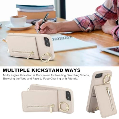 Crossbody Wallet Case for iPhone 7/8/SE 2020/SE 2022 with Lanyard Strap Card Slot Holder RFID Blocking Kickstand,Magnetic Flip Folio Zipper Purse Case, PU Leather Cover Handbag,Beige - color: Beige, size: iPhone 7/8/SE 2020/SE 2022(4.7")