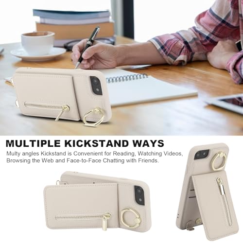 Crossbody Wallet Case for iPhone 7/8/SE 2020/SE 2022 with Lanyard Strap Card Slot Holder RFID Blocking Kickstand,Magnetic Flip Folio Zipper Purse Case, PU Leather Cover Handbag,Beige - color: Beige, size: iPhone 7/8/SE 2020/SE 2022(4.7")