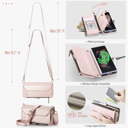 Strapurs Crossbody Wallet Case Compatible with Samsung Galaxy Z Fold 3 with RFID Blocking Card Holder & Pen Holder Slot Soft PU Leather Shoulder Strap Zipper Pocket Purse Fold 3 Phone Case, Rose Gold | RFID Blocking 5-Card Holder, Shoulder Lanyard, Wirst