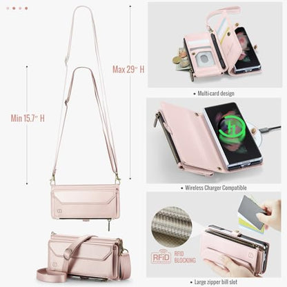 Strapurs Crossbody Wallet Case Compatible with Samsung Galaxy Z Fold 3 with RFID Blocking Card Holder & Pen Holder Slot Soft PU Leather Shoulder Strap Zipper Pocket Purse Fold 3 Phone Case, Rose Gold | RFID Blocking 5-Card Holder, Shoulder Lanyard, Wirst