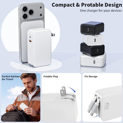45W Retractable Wall Charger Fast Charging, 4 in 1 Retractable iPhone Charger Wall Plug Fast Charging Foldable Block with Dual USB C Cable, Multiport Charging for iPhone 17 Pro Max/16/15,iPad Pro/Air