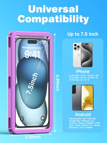 APRUT Waterproof Phone Pouch Case 7.5", 2025 Upgraded IPX8 Waterproof Phone Case for Snorkeling, Universal Fit for iPhone 16 Pro Max 15 14 13, Galaxy S25, Beach Vacation Essentials (Purple) - color: Purple