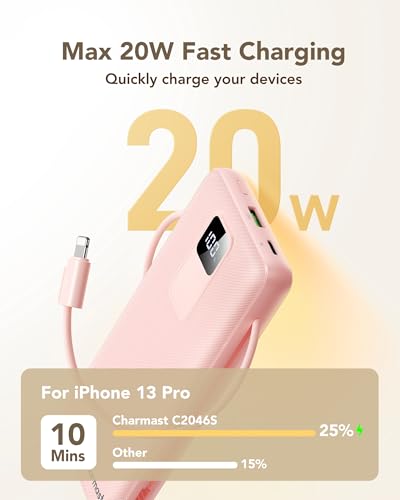 charmast 20000mAh Portable Charger with Built-in Cables and AC Wall Plug - color: dustpink