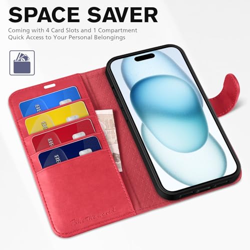 TUCCH Wallet Case for iPhone 15 (6.1") 2023, 4 Card Holders, Red | RFID Blocking, Viewing Stand, Shockproof TPU Shell, PU Leather, Magnetic Closure, Protective Folio Flip Cover - color: Red