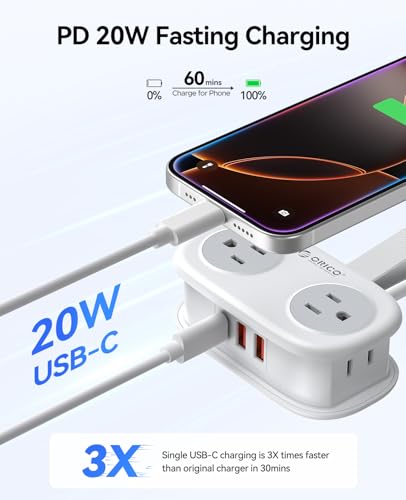 ORICO PD 20W USB-C Travel Power Strip with 4 AC Outlets 3 USB Ports - color: White