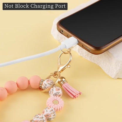 Silicone Beaded Phone Wrist Strap, Phone Wristlet Strap with Tether Tab, Elastic Hands-Free Daisy Wristlet Bracelet(Pink) - color: Daisy Pink