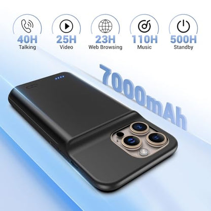 Battery Case for iPhone 16 Pro Max, Ultra-Slim 7000mAh Portable Extended Charging Charger Case [2026 Upgraded] w/Tempered Glass Film for iPhone 16 Pro Max-6.9 inch,Black