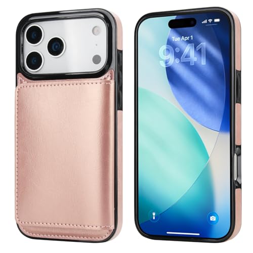 KIHUWEY Compatible with iPhone 17 Pro Max Wallet Case Credit Card Holder, Premium Leather Kickstand Flip Hidden Magnetic Clasp Durable Shockproof Protective Cover for 6.9 inch (Rose Gold) - color: Rose Gold