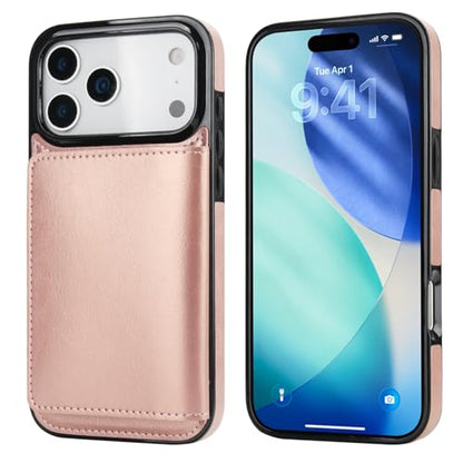 KIHUWEY Compatible with iPhone 17 Pro Max Wallet Case Credit Card Holder, Premium Leather Kickstand Flip Hidden Magnetic Clasp Durable Shockproof Protective Cover for 6.9 inch (Rose Gold) - color: Rose Gold