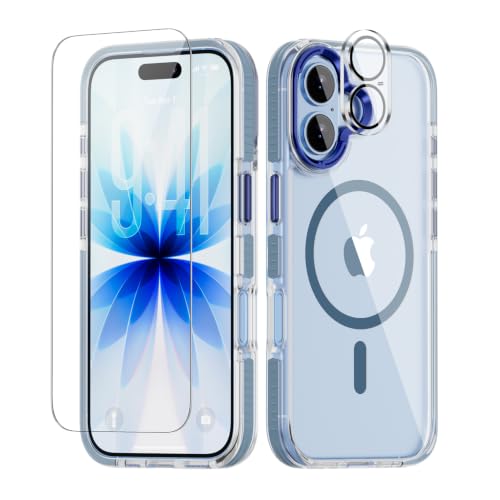 for iPhone 17 Case, 3 in 1 Full Body Protection Kit, MagSafe Compatible, N52 Magnetic Backing, Blue Non-Slip Bumper Clear Cover with Tempered Glass Screen Protector & Camera Lens Film - color: Blue non-slip, size: iPhone 17